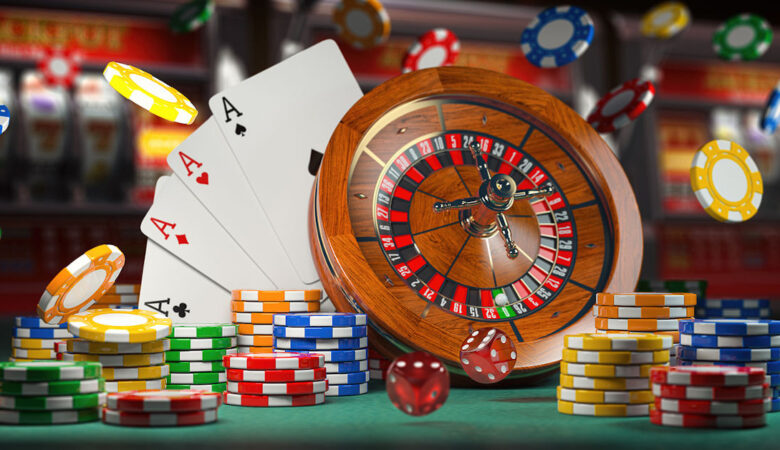 Casino jackpot and gambling concept background. Roulette. cards, dice and casino chips on slot machine background. 3d illustration